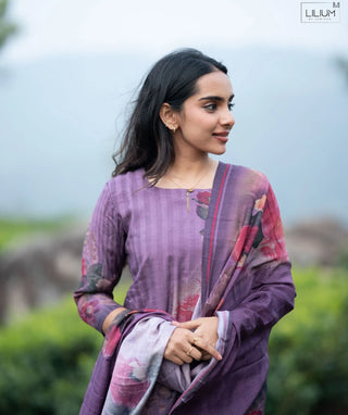 Dusty Lavender Bloom Muslin 3 Piece Festive Kurta Set