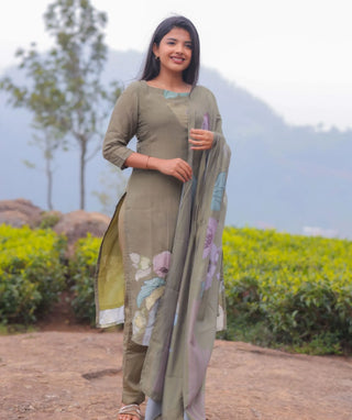 Olive Whisper Hand Embroidered Muslin 3 Piece Festive Set