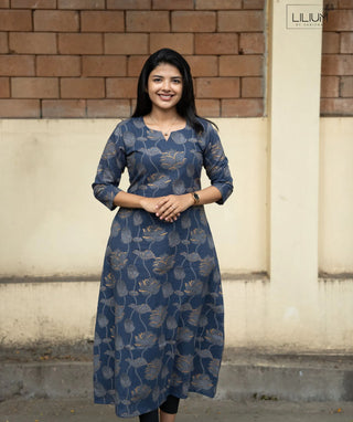 Stormy Slate Blue A-Line Cotton Kurti with Pockets