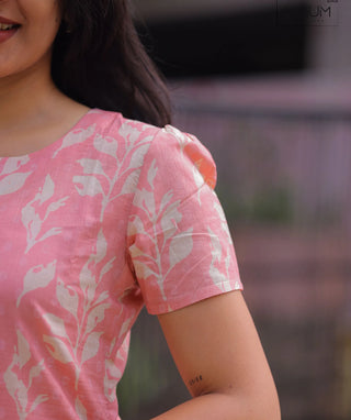 Baby Pink Floral Short Top in Handblock Cotton