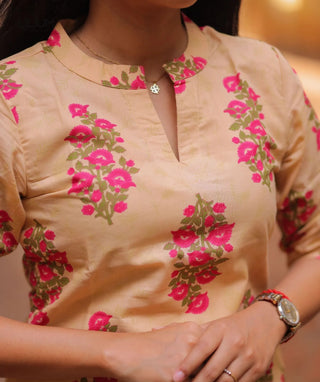 Rosewood Beige Cotton Kurti | 3/4 Sleeve Everyday Wear