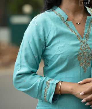 Aqua Celestial Pearl Muslin Silk 3 Piece Festive Set