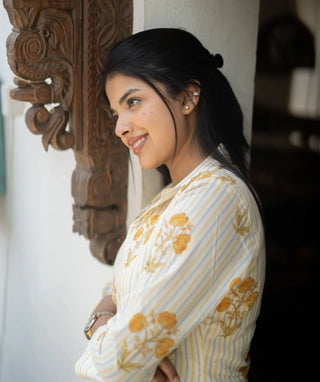 Halfwhite & Yellow Striped Floral Cotton Kurti – Casual Wear