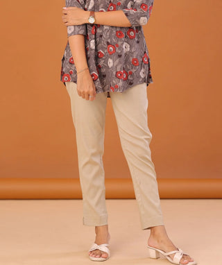 Beige Cotton Lycra Ready-to-Wear Bottom with Pockets