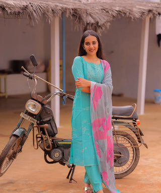 Regal Turquoise Linen Slub 3 Piece Set with Zari