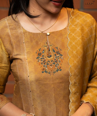 Desert Honey Beige Hand Embroidered Muslin 3 Piece Set