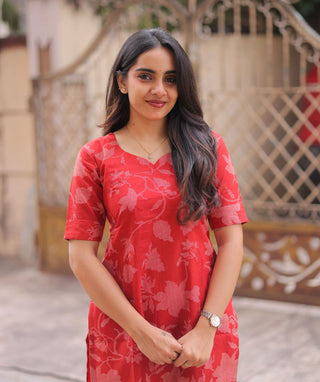 Coral Crimson Cotton Kurti with Elbow Sleeves