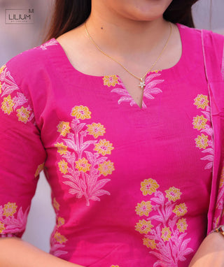 Fuchsia Bloom Cotton 3 Piece Set with Pockets for Women