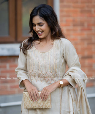 Festive 3-Piece Set in Cream Jute Linen with Embroidery