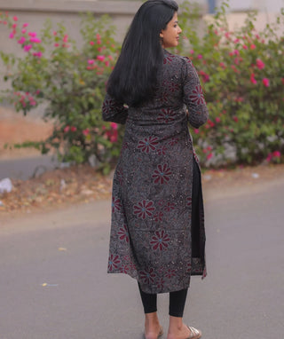 Charcoal Maroon Bloom Muslin Kurti for Women