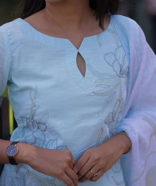 Frosted Mint Embroidered Cotton 3 Piece Festive Wear Set