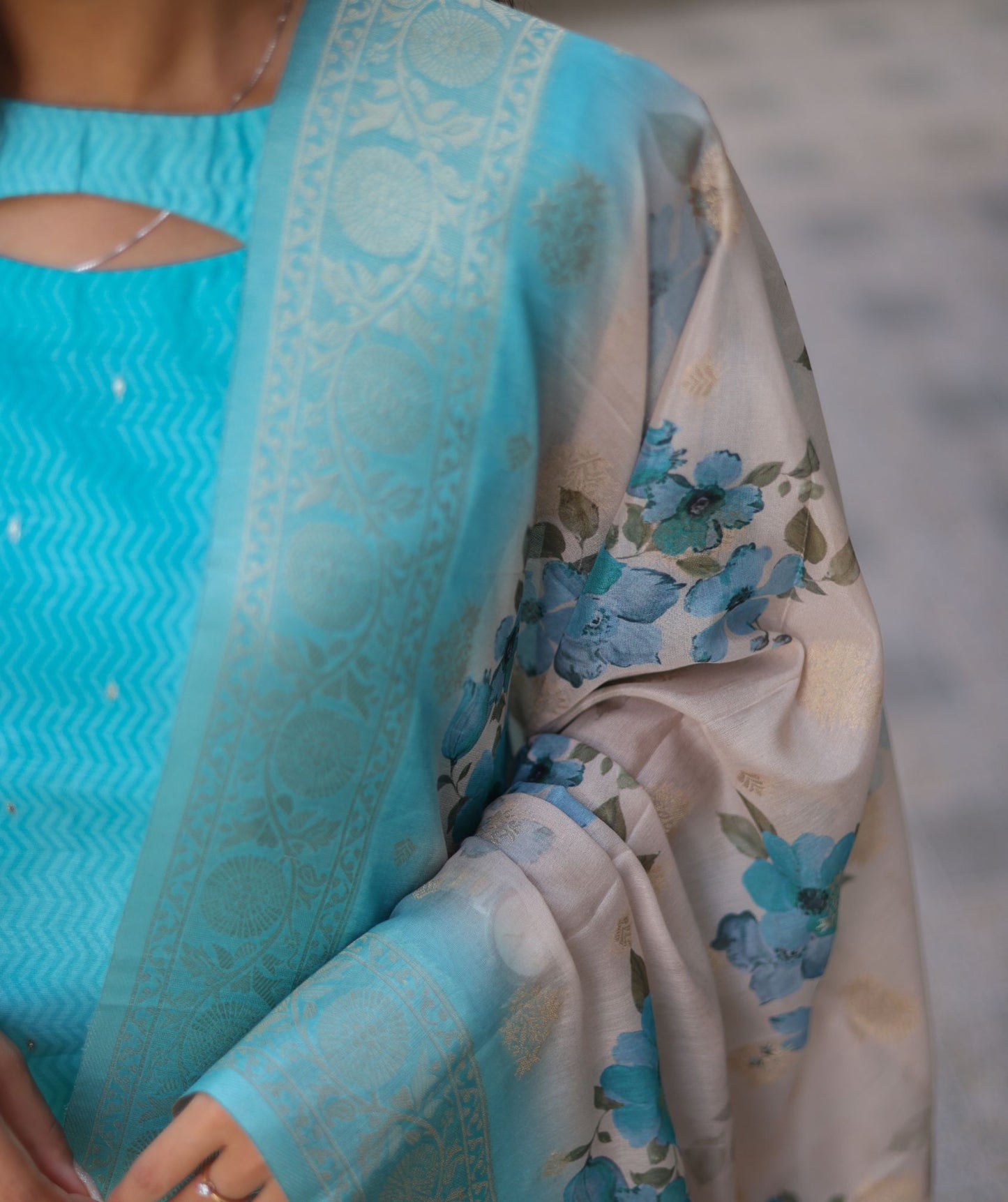 Teal Tapestry - Sky Blue Kurti With Banaras Shawl