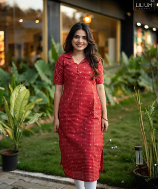 Crimson Check Cotton Kurti with Elbow Sleeves – Everyday Comfort