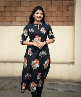 Ebony Flora Cotton A-Line Kurti with Pockets