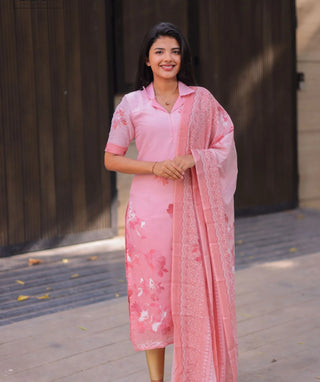 Rosé Blossom Mul Cotton Kurti with Shawl