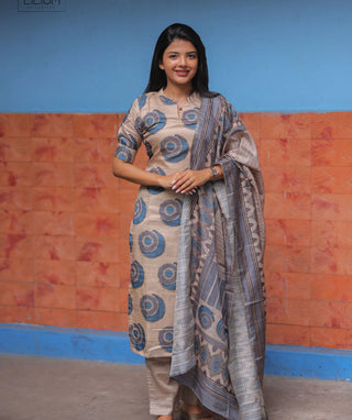 Misty Azure Tussar Slub 3-Piece Set with Pockets & Dupatta