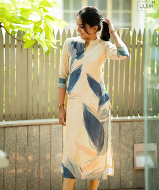 Pale Yellow Cotton Linen Kurti with Blue Blossom Print