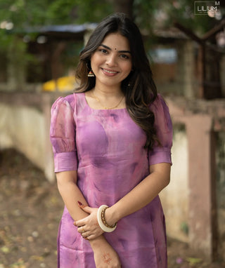 Orchid Purple Organza Kurti with Puff Sleeves