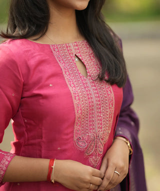 Fuchsia Grace Muslin Silk 3-Piece Set With Open Slit