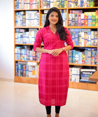 Fuchsia Royale Cotton Kurti – Elegant 3/4 Sleeve Style