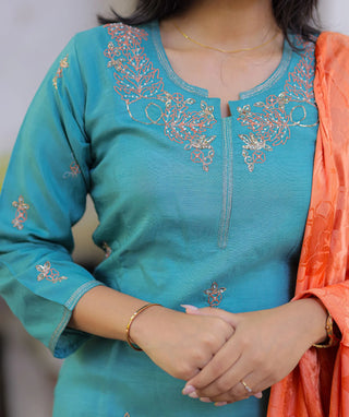 Ocean Coral Blossom Muslin Silk Festive 3 Piece Set