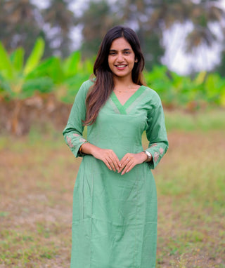 Leaf Green Embroidered Kurti with Bottom – Festive Wear