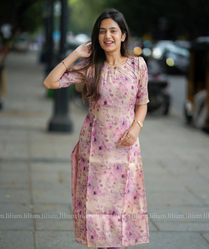 Peach Chanderi Kurti with Lavender Blossom