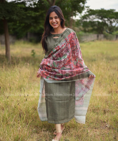 Moss Green Tussar Kurti with Shawl - Classic Wear