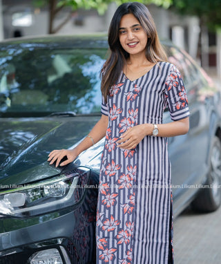 Black and Grey Striped Linen Satin Kurti – Smart Casual Wear