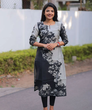 Moonlit Noir Modal Chanderi Kurti – Elegant 3/4 Sleeves