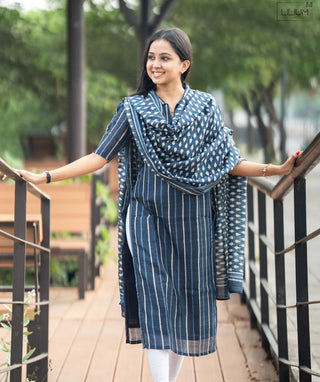 Indigo Blue Striped Kurti with Shawl in Raw Silk Fabric