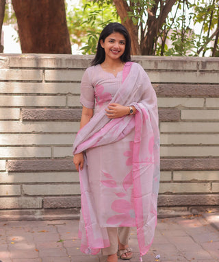 Blush Petal Whisper Organza 3-Piece Set with Hand Embroidery