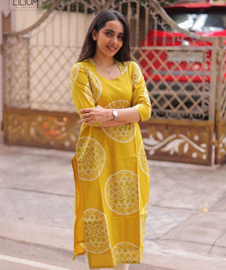 Mustard Gold Cotton Kurti – 3/4 Sleeve Casual Wear
