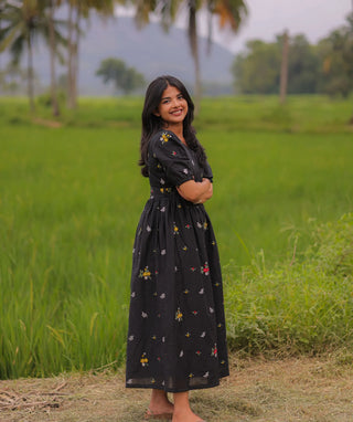 Midnight Black Mul Cotton Maxi with Blossom Embroidery