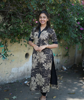 Midnight Dune Blossom Handblock Cotton Kurti – Elbow Sleeve