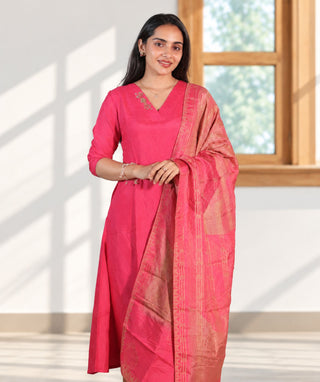Raspberry Rose Blush Hand Embroidered A-Line Kurti with Shawl