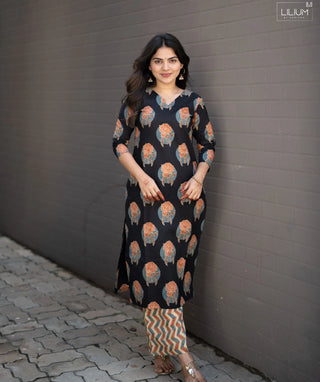 Midnight Terracotta Bloom Cotton Co-ord Set with Flared Bottom