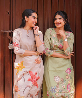 Ivory Bloomscape Cotton Kurti – 3/4 Sleeve Casual Wear