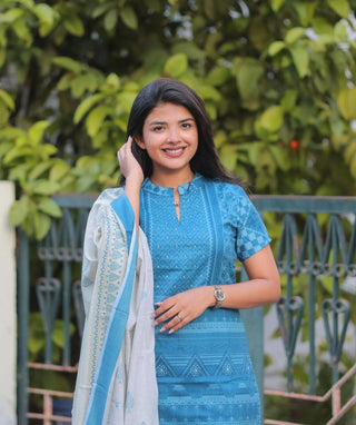 Azure Heritage Cotton 3 Piece Set with Hand Embroidery