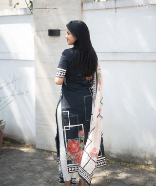 Midnight Bloom Cotton Kurti with Shawl & Elbow Sleeves