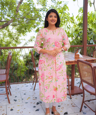 Blush Peony Blossom Linen Cotton Kurti for Women