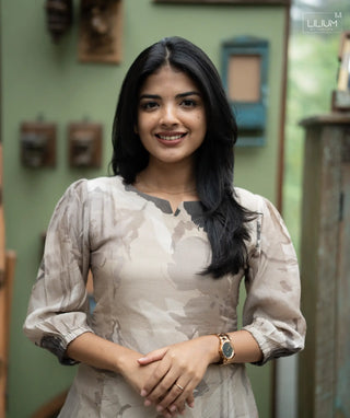 Calm Blossom Muslin Maxi Dress with 3/4 Sleeves & Pockets