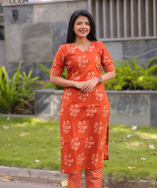 Burnt Marigold Cotton Co-ord Set with Elbow Sleeves