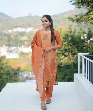 Peach Amber Glow Hand Embroidered Muslin 3 Piece Set