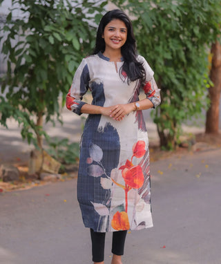 Ivory Coral Indigo Textured Muslin Cotton Kurti
