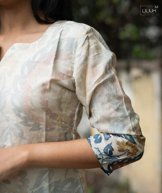 Ecru Floral Muslin Foil Print Kurti with 3/4 Sleeves