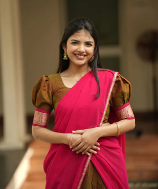 Olive Brown Handloom Half Saree with Rani Pink Dupatta