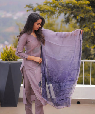 Smoky Mauve Hand Embroidered Slub Muslin 3 Piece Set