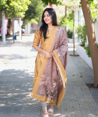 Golden Yellow Hakoba Kurti With Shawl