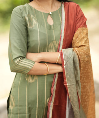 Sacred Olive Muslin Silk 3-Piece Set with Pockets
